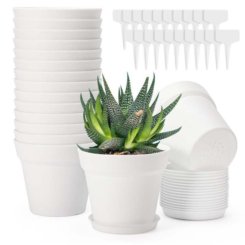 GREANER White Small Plant Pots, 16 Packs 4 Inch Plastic Plant Pots with Saucers, Thickened Succulent Planters with 20 Pcs Garden Markers for Indoor Outdoor - Image 1